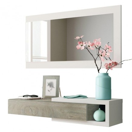 Mueble de Entrada Recibidor Noon con Espejo Blanco Y Roble 95 cm