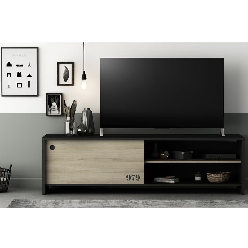 Mueble de TV Tomy Color Negro y Kronberg Estilo Industrial 43x152x42cm