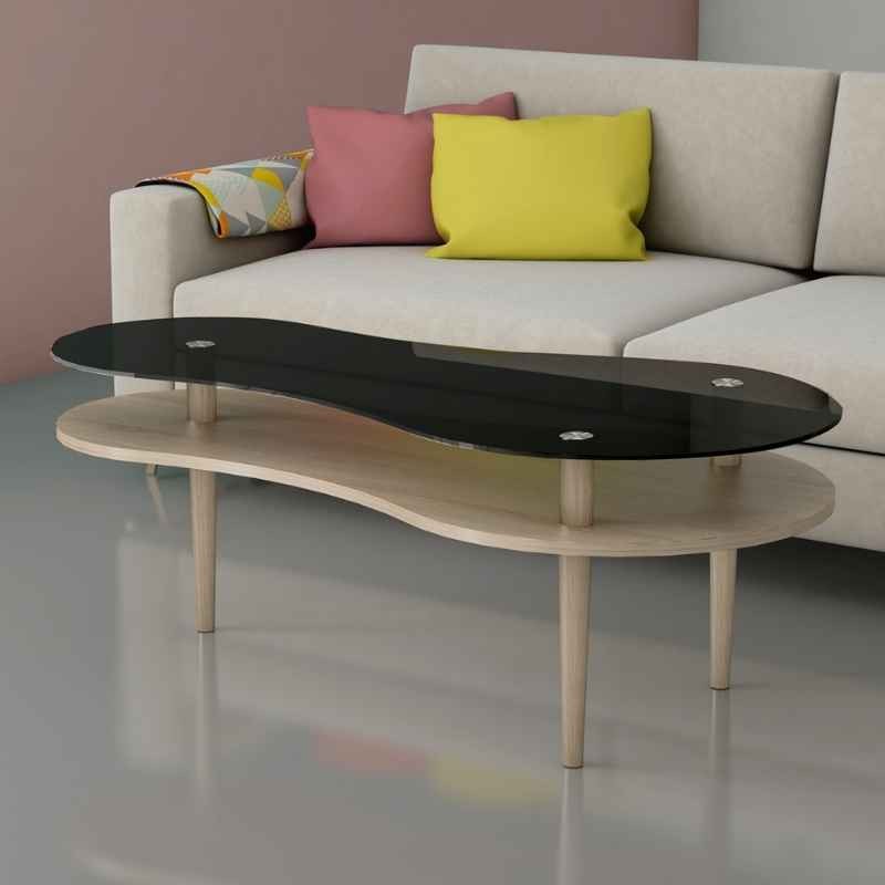 Mesa de centro cristal Peanut negro y roble 140x70 cm