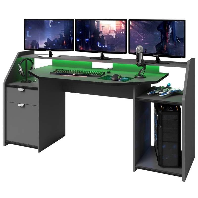 Escritorio gamer en ángulo - Con LEDs - 3 cajones y 2 estantes