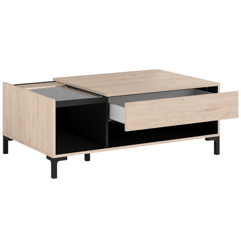 Mesa de Centro Salón Tokio Estilo Japandi color Roble y Negro 110x42x67cm_ladeada