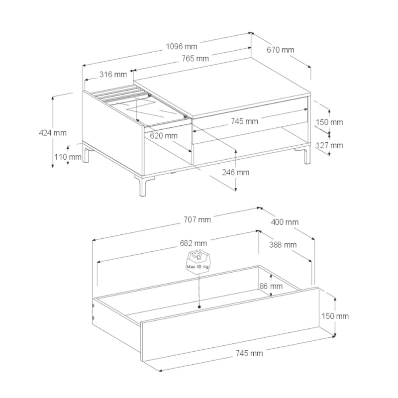 Mesa de Centro Salón Tokio Estilo Japandi color Roble y Negro 110x42x67cm_medidas