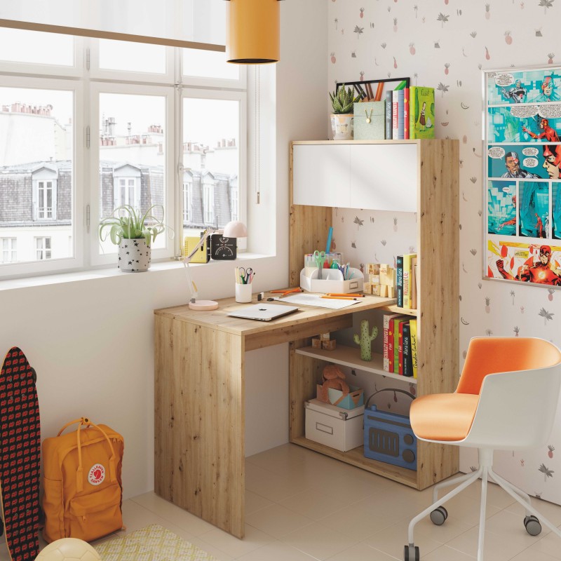 Mesa escritorio con estantería DUO color blanco artik y roble nodi - Kiona  Decoración