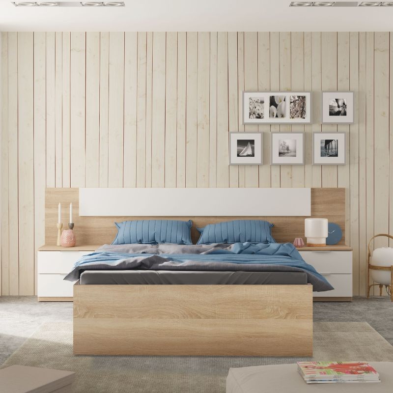 Dormitorio Matrimonio Estilo Nórdico Completo Blanco y Roble Canadian Cama 150