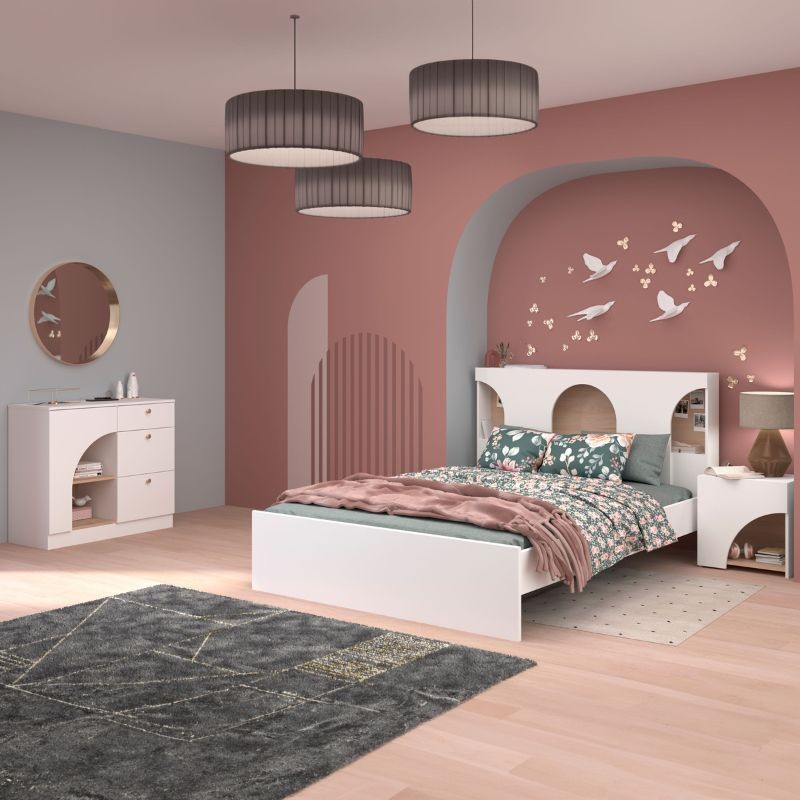 Conjunto Dormitorio Arabia Color Blanco Mate (cama+mesitas+cómoda) FOTO AMBIENTE