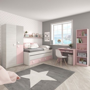 habitación moderna gris y rosa juvenil