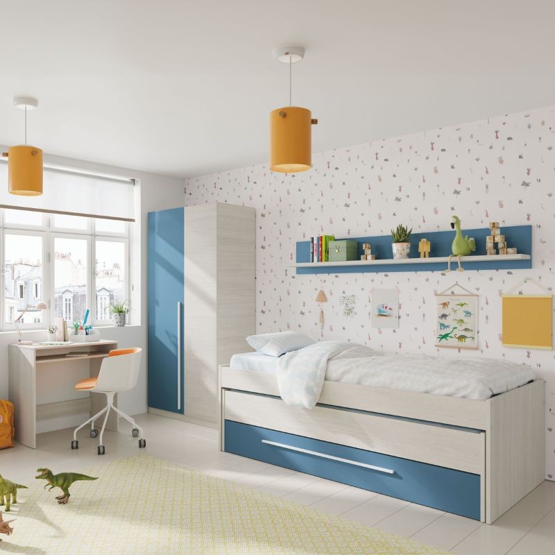 Miroytengo Cama Nido con Estante Pared y 2 Somieres de 90x190 y 90x180 en  Color Azul y Blanco Alpes Dormitorio Juvenil