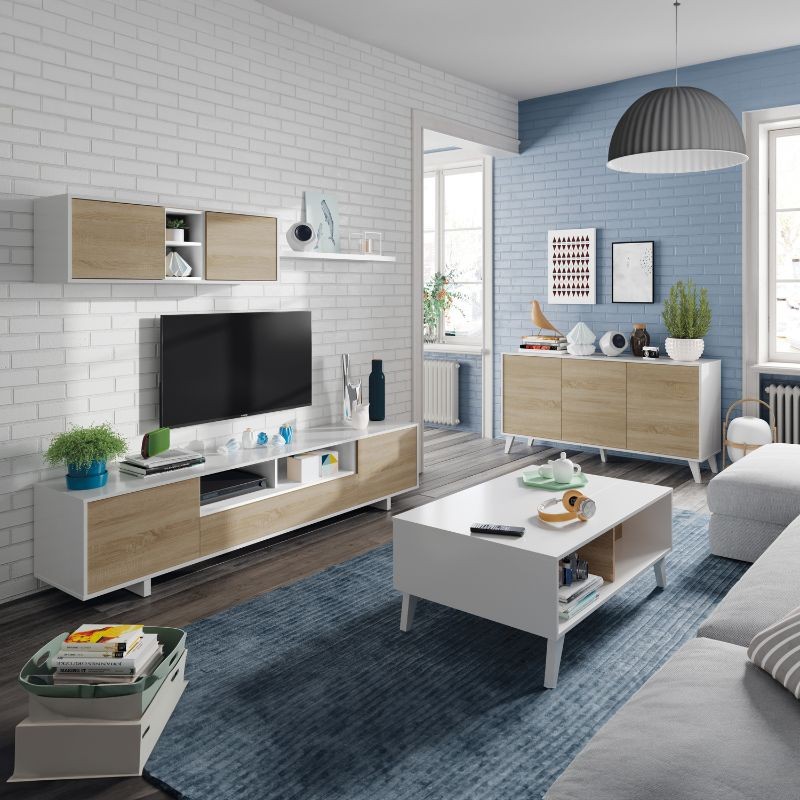 Mueble de salon TV estilo nordico en blanco brillo y roble