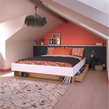 Cama De Matrimonio Lampe Color Roble Artesanal Y Blanco_ambiente