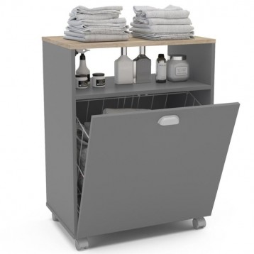 Mueble Auxiliar Lavandería Con Ruedas en color Gris_decorada con puerta abierta