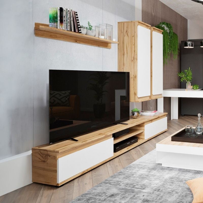 Conjunto de muebles de salón completo en color madera natural