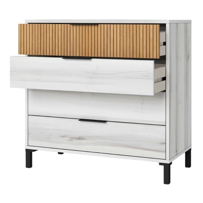 Cómoda Arles 4 Cajones Blanco Albo y Roble Rayado