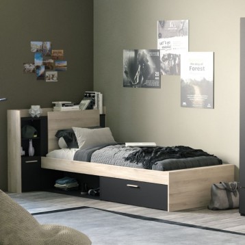 Cama Juvenil Life Con Cabecero Color Roble Kronberg Y Negro_ambiente