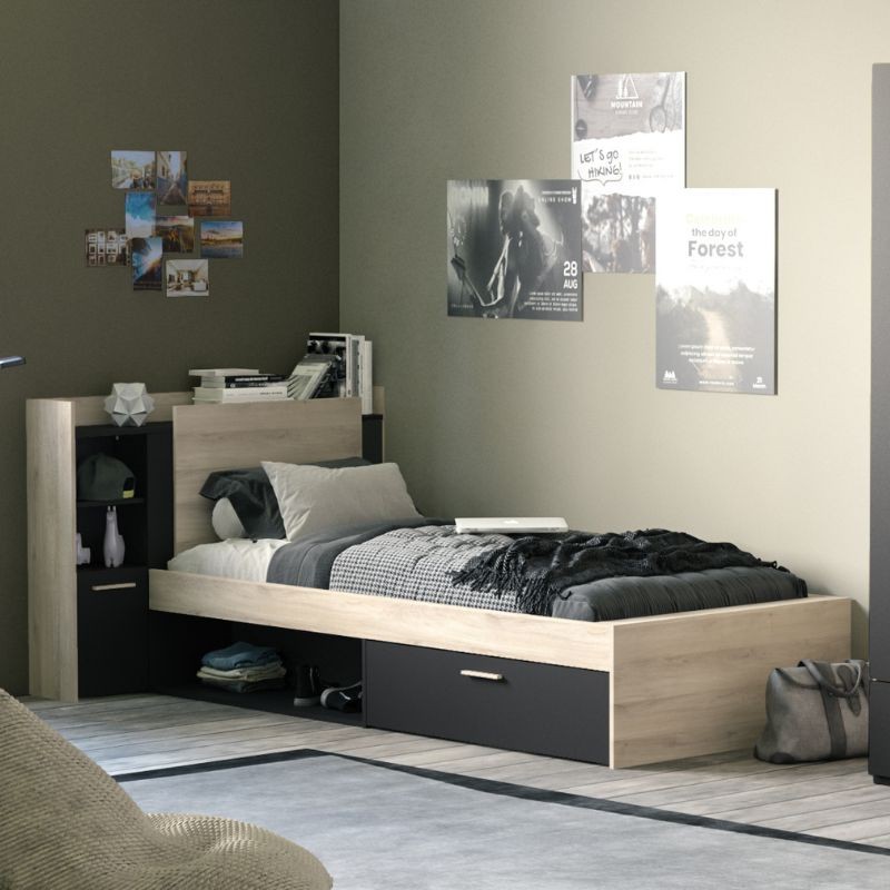 Cama Juvenil Life Con Cabecero Color Roble Kronberg Y Negro_ambiente