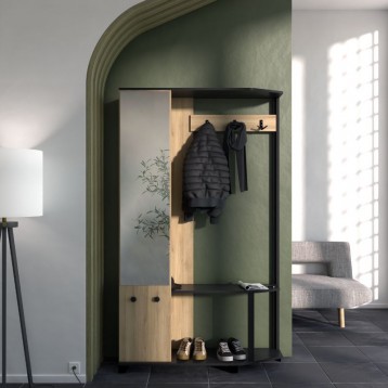 Mueble Perchero Recibidor Cobbler Con Espejo Roble y Negro_ambiente