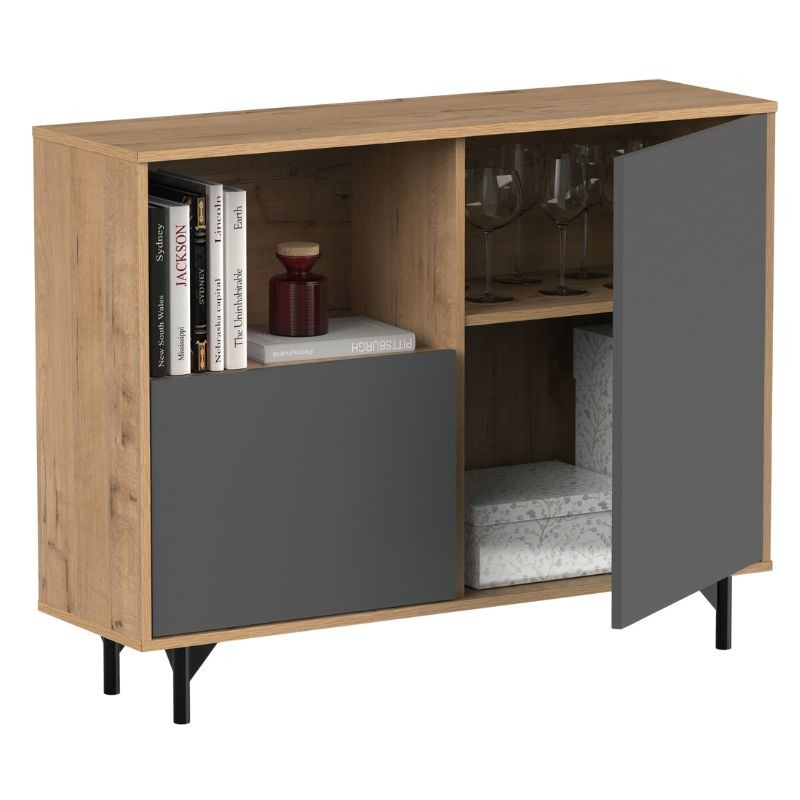 Aparador Salón Comedor Anori Con Patas Color Roble Gold Y Gris detalle puertas abiertas