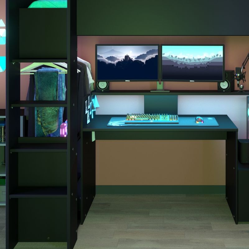 Cama Alta TexGen  Con Escritorio y LED Negro 204x180x94 CM _Ambiente_2