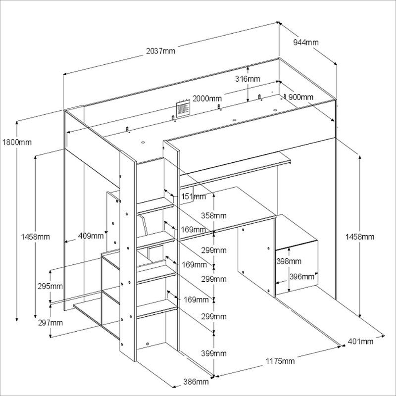 Cama Alta TexGen Con Escritorio y LED Negro 204x180x94 CM _Medidas_1