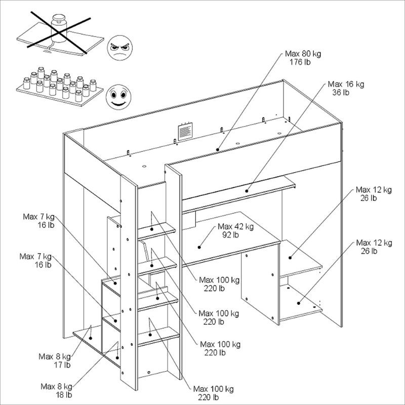 Cama Alta TexGen Con Escritorio y LED Negro 204x180x94 CM _Medidas_2