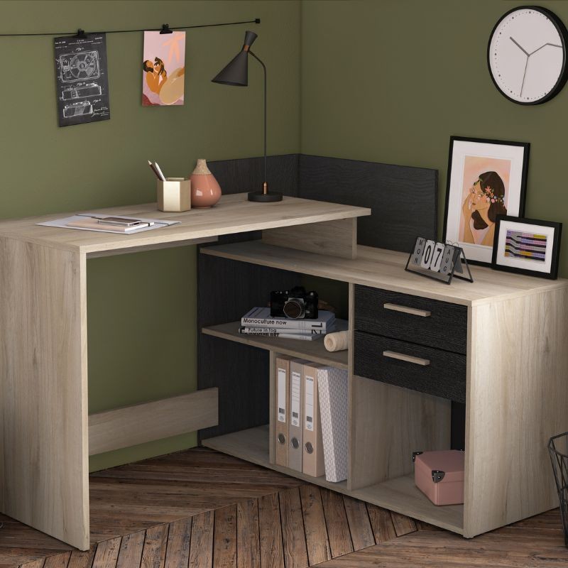 Escritorio de Rincón Optima 2 Cajones Color Roble y Negro 121Cm_Ambiente