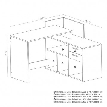 Escritorio de Rincón Optima 2 Cajones Color Roble y Negro 121Cm_Medidas