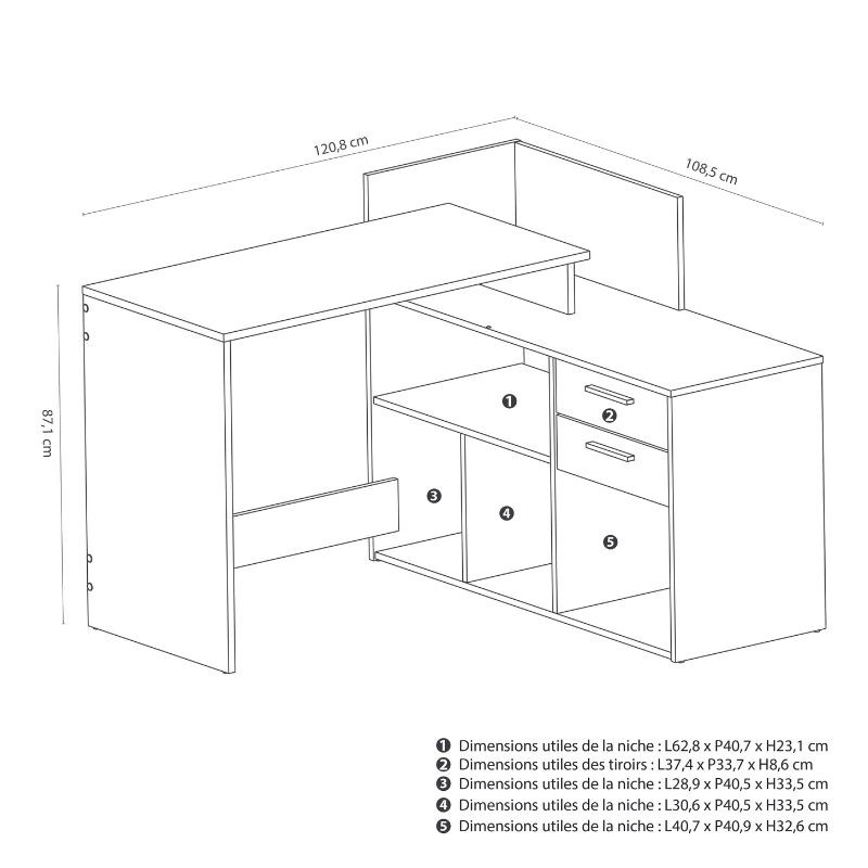 Escritorio de Rincón Optima 2 Cajones Color Roble y Negro 121Cm_Medidas