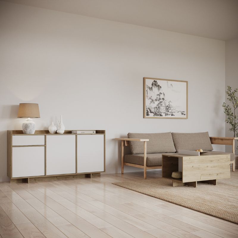 Aparador Salón Lead 3 Puertas Roble Artisan y Blanco Mate_ambiente_1