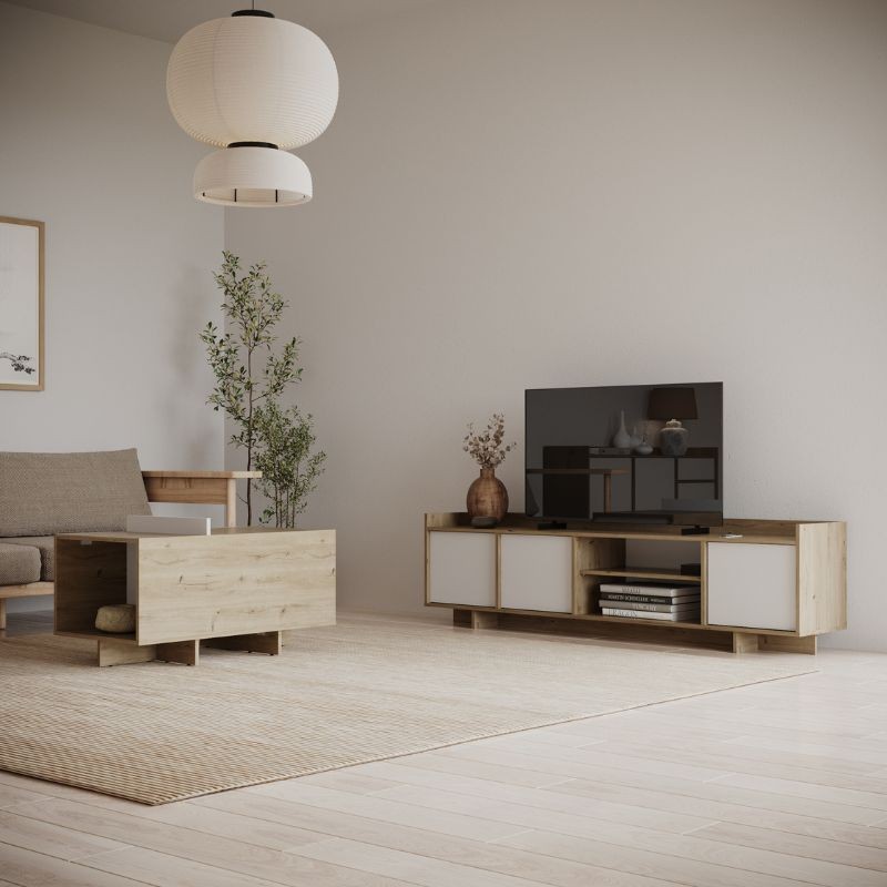 Mesa de Tv Lead 180 cm Color Roble Artisan y Blanco_ambiente_2