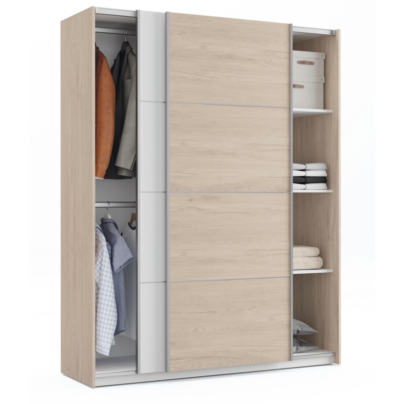 Pack de Dormitorio Blanco y Roble Aurora con Armario, Cabecero y 2 Mesitas de Noche