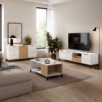 Pack de 3 Muebles de Salón Tokio en Blanco Albo y Roble Rayado (Aparador + Mesa de Centro + Mueble de TV)