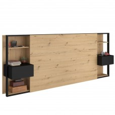 Cabecero con Mesitas Line color Roble artesanal y Negro stipple 255x103x36 cm