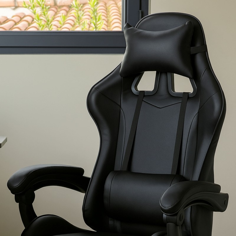 Silla Gaming Koe Giratoria con Cojín Lumbar Color Negro Silla Gaming Koe Giratoria con Cojín Lumbar Color Negro