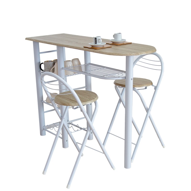 Conjunto Mesa y 2 Taburetes Plegables Cocina Bar Blanco y Roble Claro Conjunto Mesa y 2 Taburetes Plegables Cocina Bar Blanco y Roble Claro