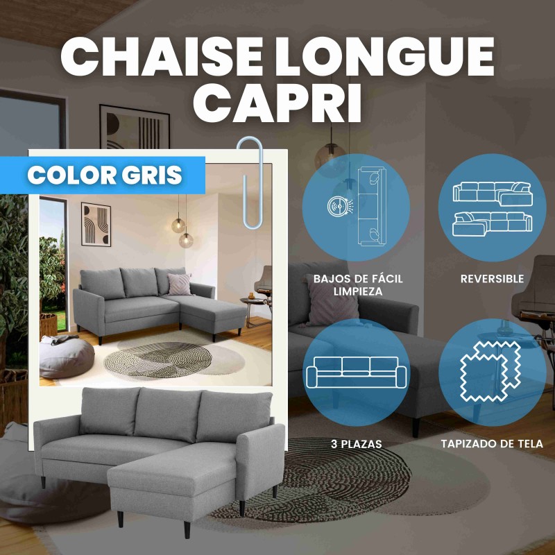Sofá Chaise Longue Capri Reversible Color Gris 192 cm Sofá Chaise Longue Capri Reversible Color Gris 192 cm
