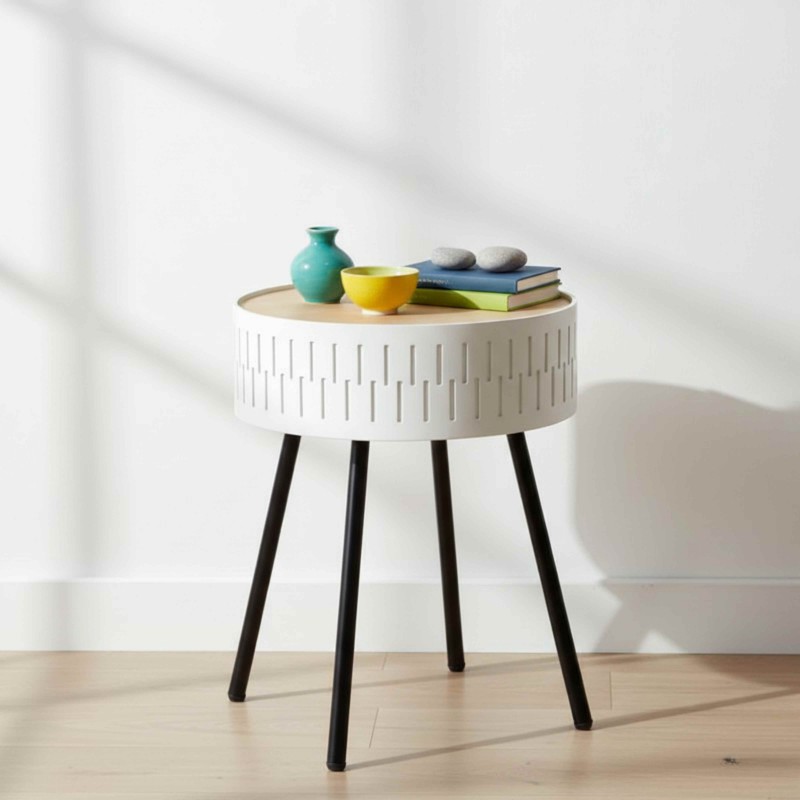 Mesa De Centro Redonda Shiro Blanco y Roble Con Tapa 39 cm