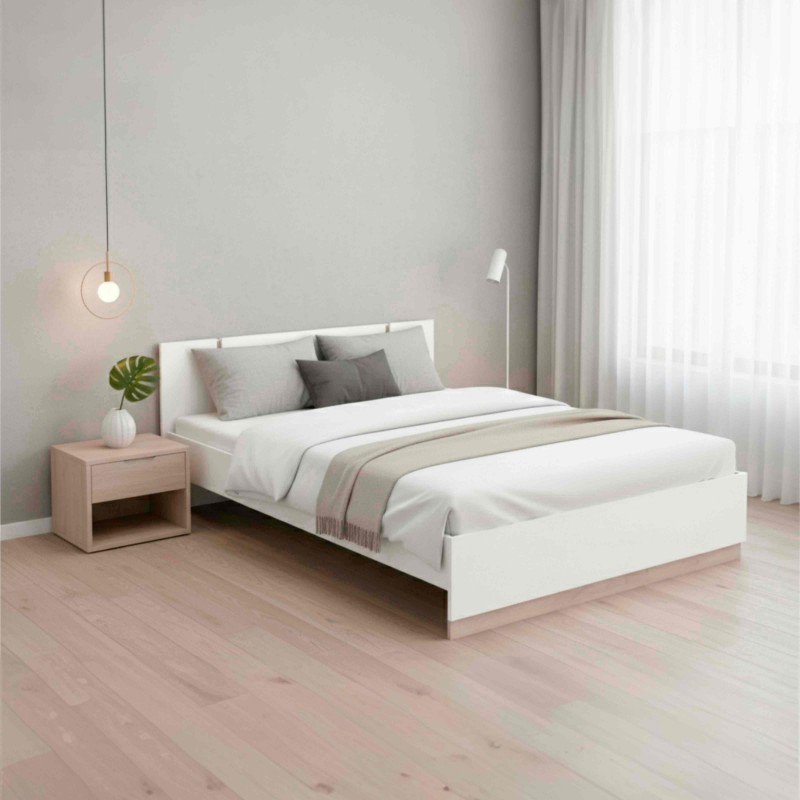 Cama De Matrimonio Watson en Color Blanco Mate y Roble Kronberg 135-140x190 cm