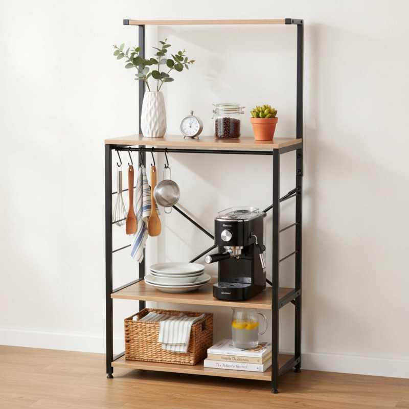 Mueble Auxiliar Cocina Estantería Kiwa Roble Cambrian y Negro 76x123 cm