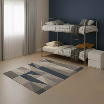 Habitación con litera metalica plata con escalera