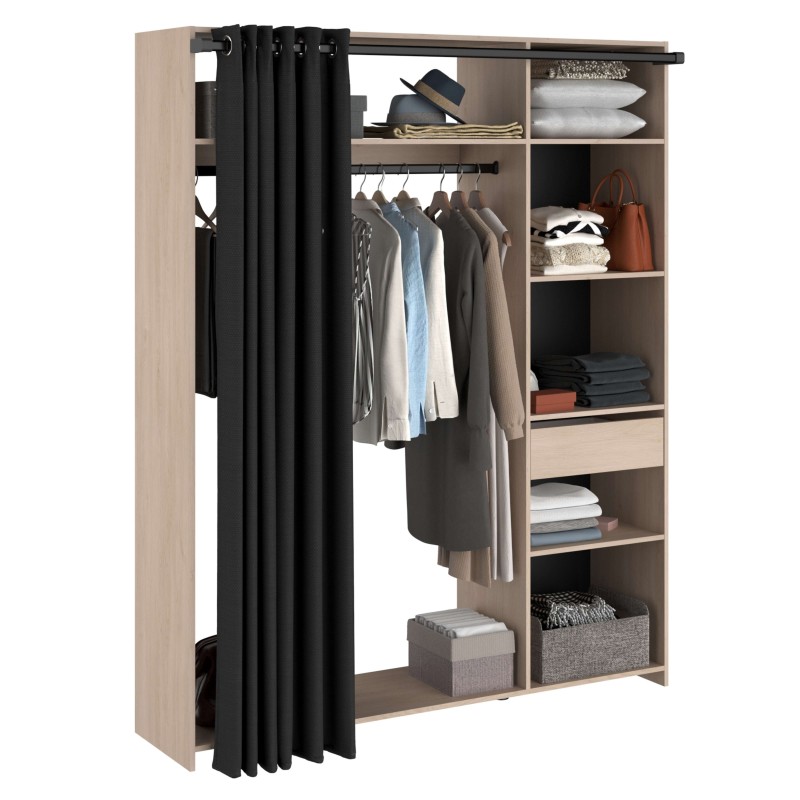 vestidor con 6 nichos, cajón, barra de colgar y cortina lateral