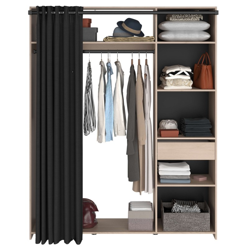 vestidor con 6 nichos, cajón, barra de colgar y cortina frontal