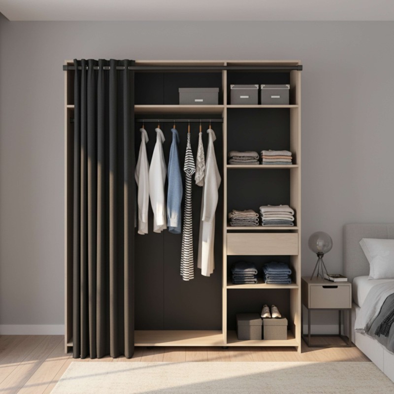 vestidor con 6 nichos, cajón, barra de colgar y cortina lateral ambiente 2