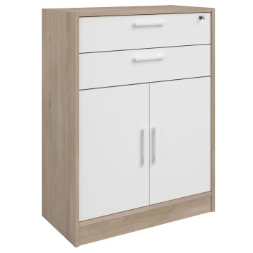 Estantería Baja 2 Cajones Oficina Veltis Blanco mate y Roble Japonés 79x106x40 cm