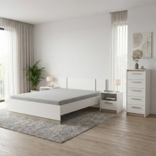 Pack de dormitorio Watson Color Blanco Mate y Roble Kronberg 2 Mesitas de Noche, Cama y Sinfonier