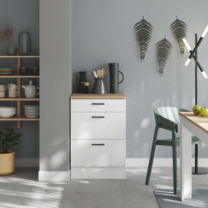 Módulo Cocina Inferior Kira 3 Cajones Blanco Brillo y Roble Canadian 60x60 cm