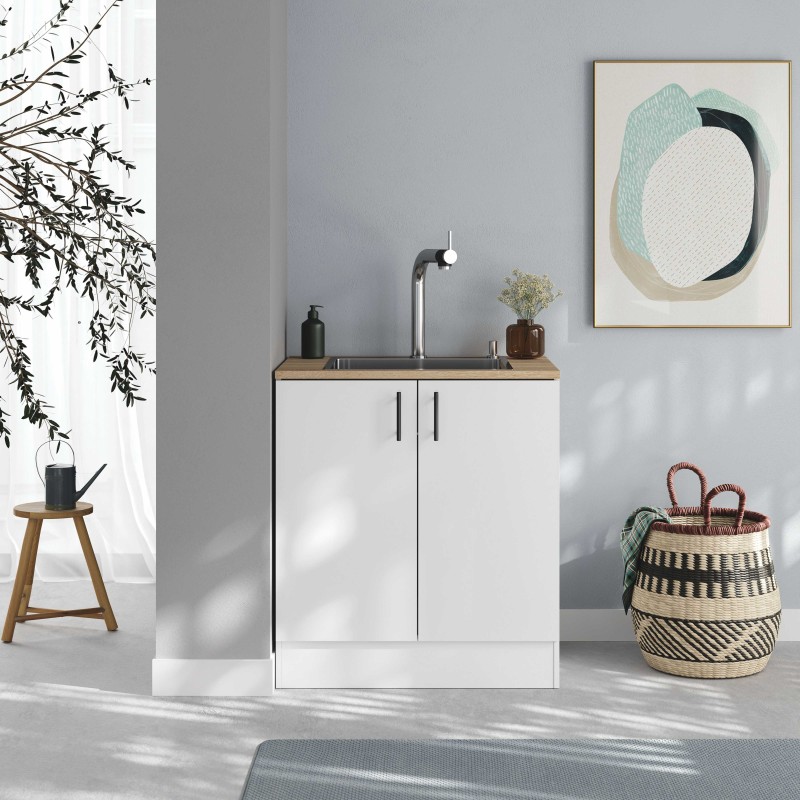 Módulo Cocina Kira Inferior Fregadero 2 Puertas Blanco Brillo y Roble Canadian 80x60 cm