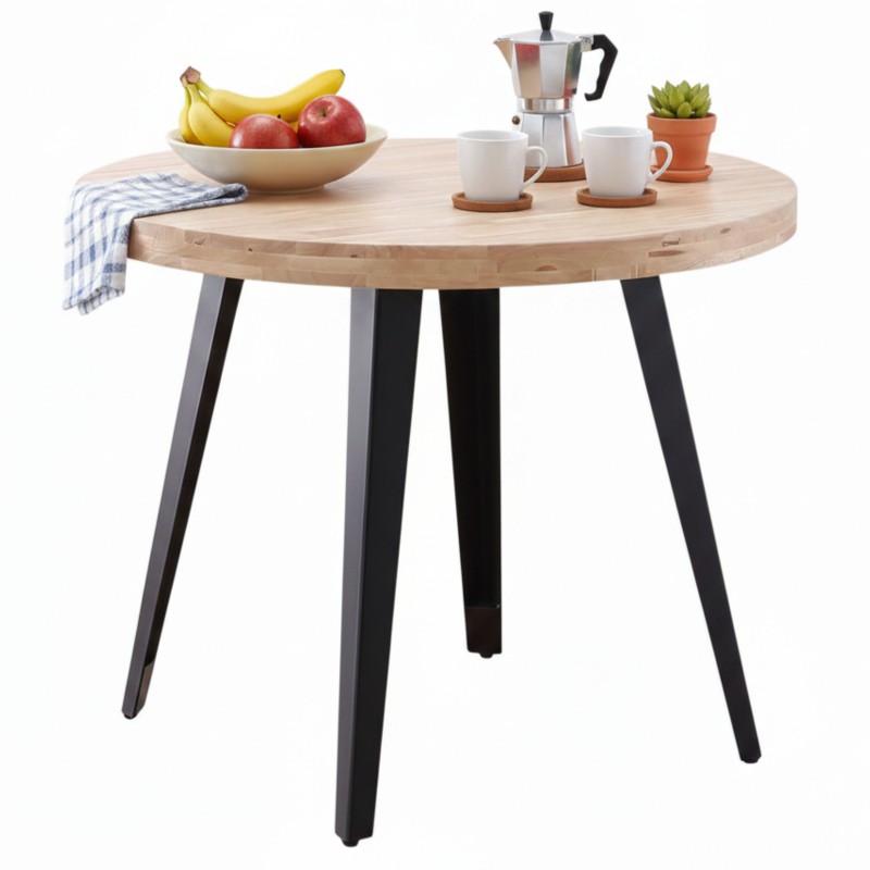 Mesa Salón Comedor Redonda Fija Berg Madera Color Roble Nordish y Negro 100x100 cm