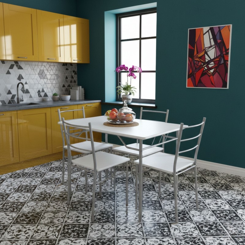 Conjunto Mesa Cocina y 4 Sillas Color Gris y Blanco