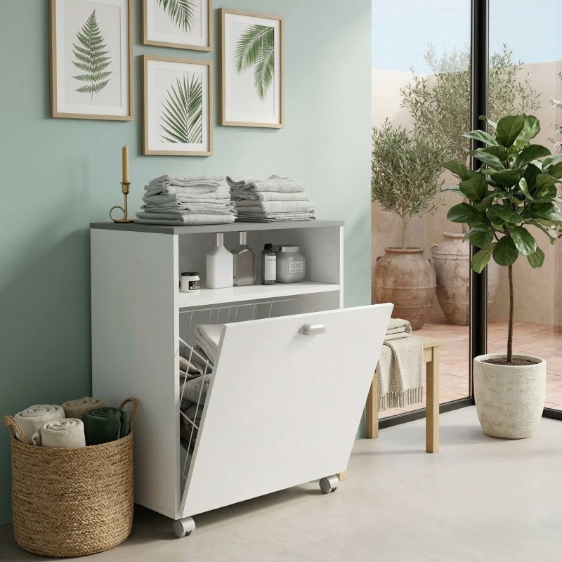 Mueble Auxiliar Lavandería Con Ruedas Color Blanco Con Tapa Gris 80x61 cm Mueble Auxiliar Lavandería Con Ruedas Color Blanco Con Tapa Gris 80x61 cm
