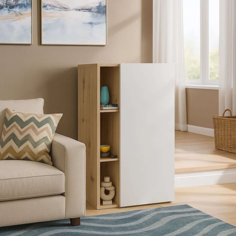 Pack 4 Muebles Salón Completo Opole Blanco Mate y Roble Claro Diseño Nórdico