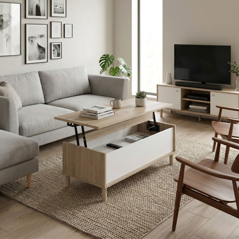 Mesa de Centro Elevable Azzaro Color Roble Japonés y Blanco 110x44 cm